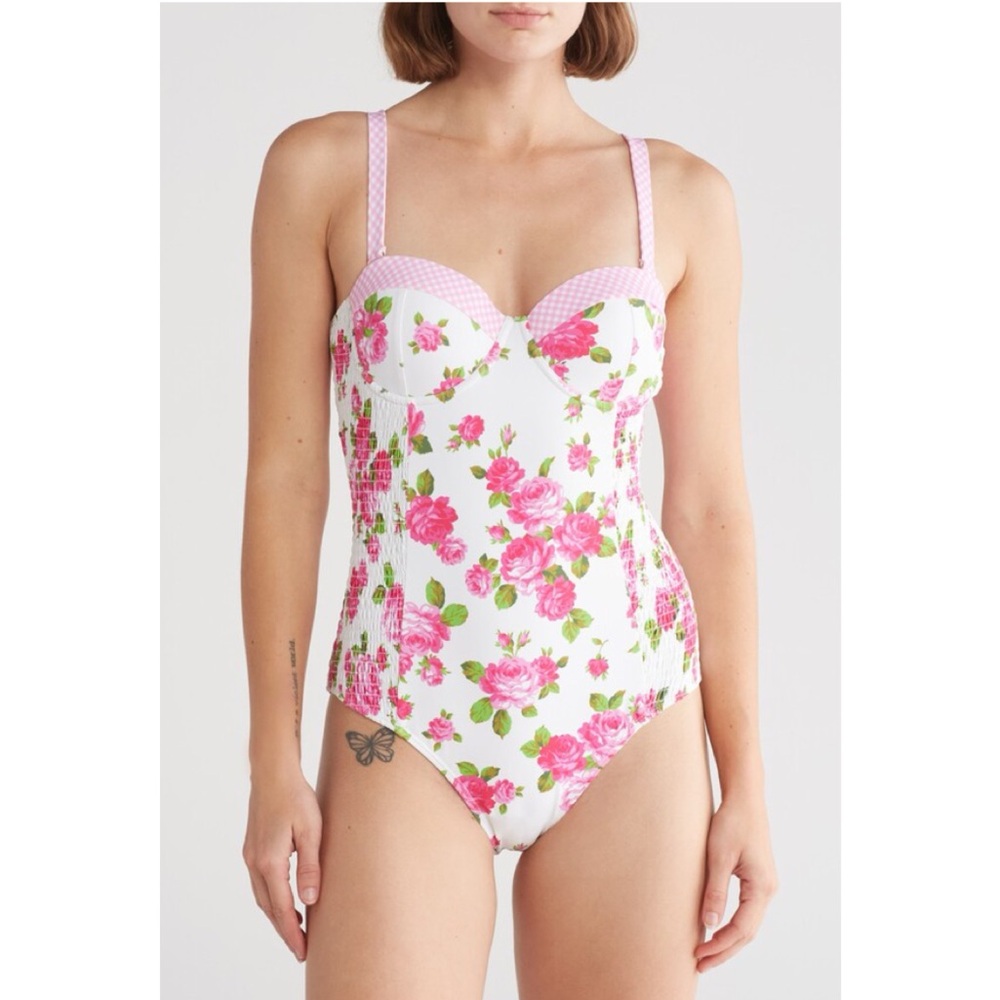 Betsey Johnson Pink and White Floral Smocked Underwire Corset Swimsuit